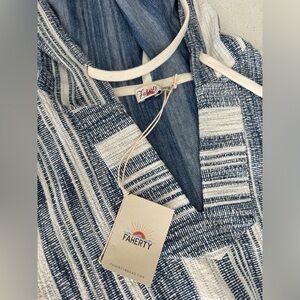 Faherty Islet Knit Poncho Elkin Blue Stripe Pullover Woven Hoodie Top XS